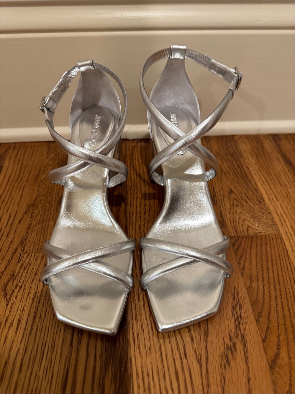 Jimmy Choo Metallic Silver Crisscross Strap Block Heels